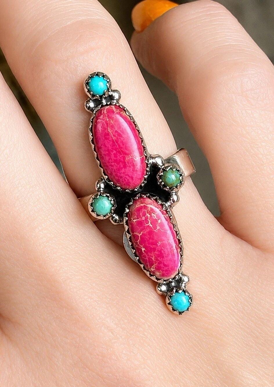 Sterling Silver Southwestern Turquoise & Pink Jasper Ring Adjustable 6.5-8.5
